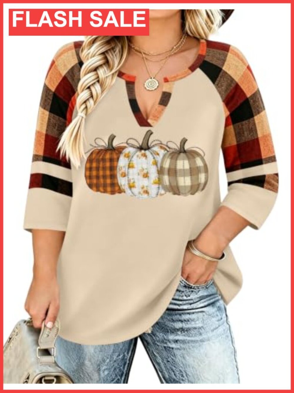 Womens Plus Size Fall Tops Pumpkin Graphic 3/4 Sleeve V Neck Tee Thanksgiving